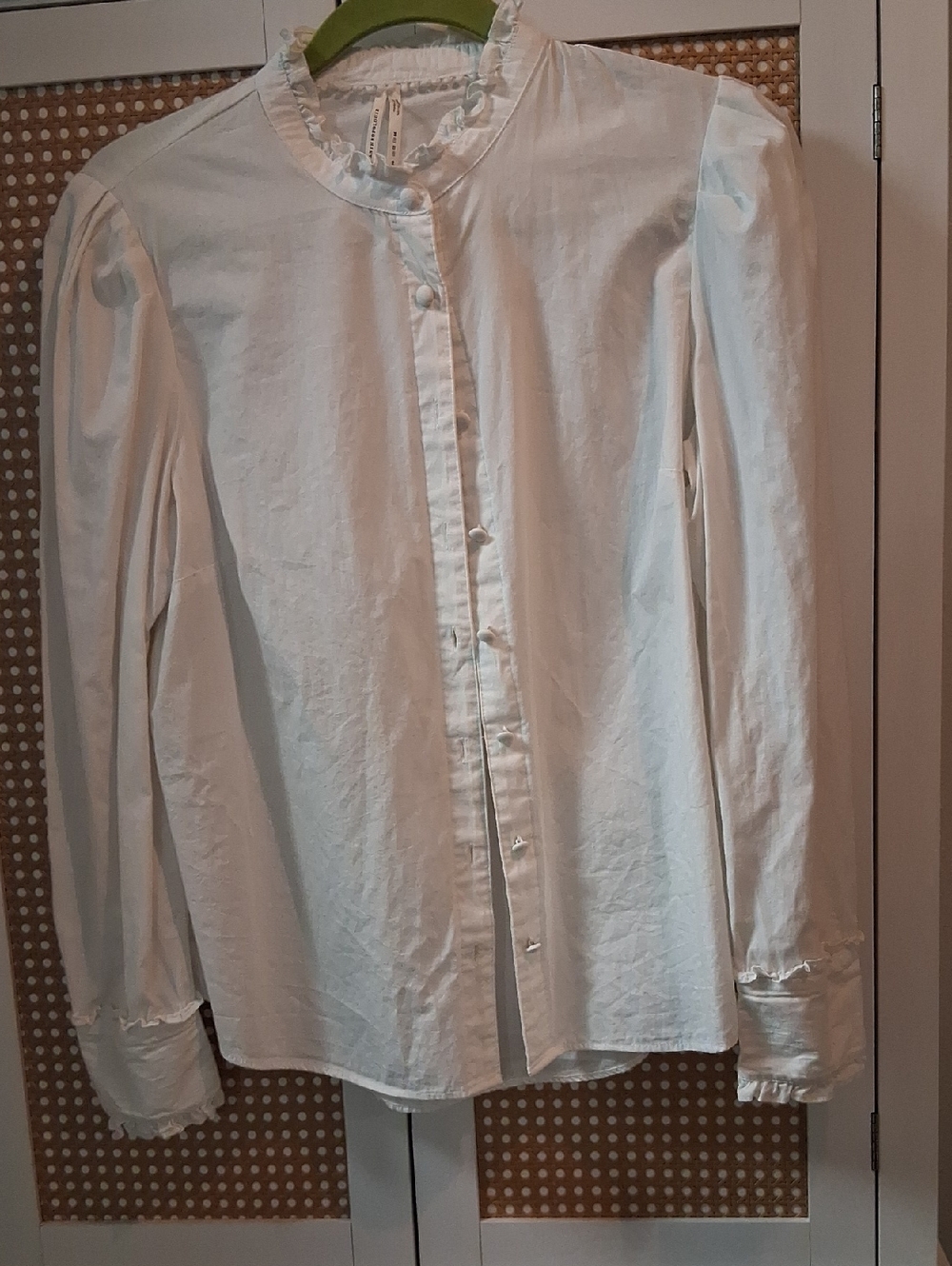 Anthropologie Cream Ruffle-Trim Button Blouse